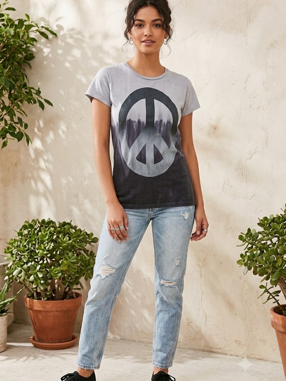 L.O.L. Vintage Grey Tie Dye Dip Dye Peace Sign Graphic T-Shirt Large